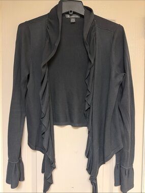 INC International Concepts Black Ruffle-Trim Open Front Cardigan